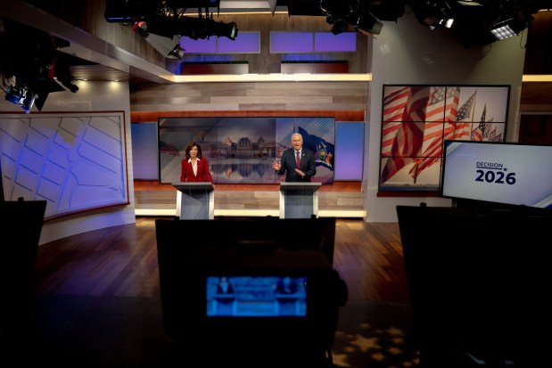 Democratic incumbent Governor Kathy Hochul and Republican challenger Bruce Blakeman face off in the only scheduled debate ahead of the November New York gubernatorial election on Tuesday, Oct. 13, 2026, in New York. (Anna Connors/The New York Times via AP, Pool)