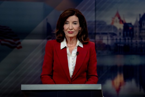 Governor Kathy Hochul debates with Republican challenger Bruce Blakeman during the only scheduled debate ahead of the November New York gubernatorial election on Tuesday, Oct. 13, 2026, in New York. (Anna Connors/The New York Times via AP, Pool)