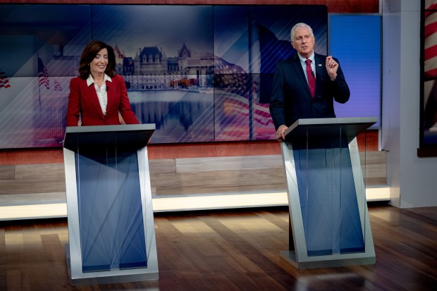 Governor Kathy Hochul and Republican challenger Bruce Blakeman face off in the only scheduled debate ahead of the November New York gubernatorial election on Tuesday, Oct. 13, 2026, in New York. (Anna Connors/The New York Times via AP, Pool)