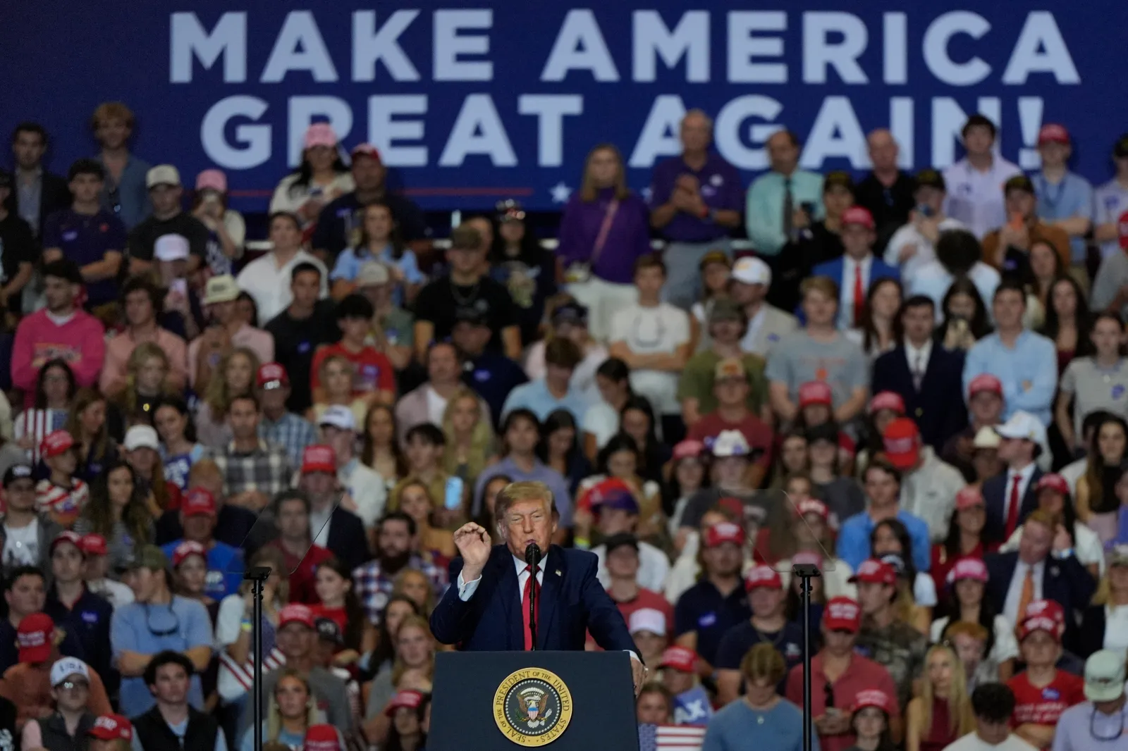 President Donald Trump speaks at a campaign rally at the T. Ed Garrison Livestock Arena and Expo Center, Wednesday, Oct. 21, 2026, in Pendleton, S.C. (AP Photo/Mike Stewart)