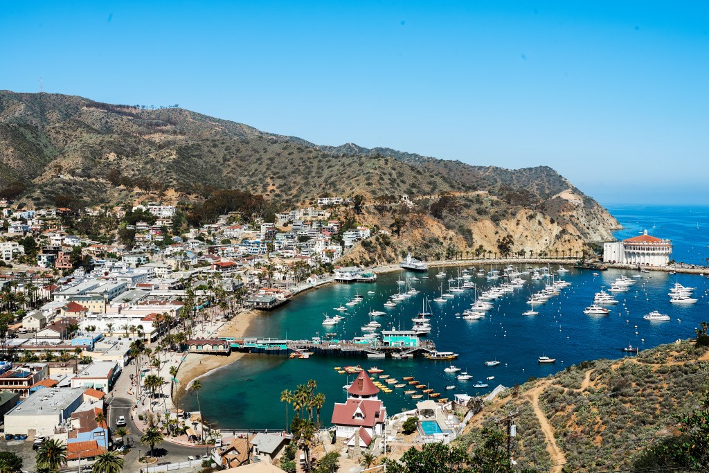 High-angle view of Catalina Island Harbor during summer, featuring boats docked in the blue water, buildings along the shoreline, and rolling hills in the background.