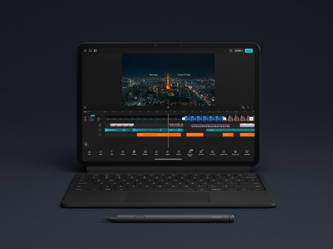 A photo of an Alexa Tablet with the keyboard case and stylus.
