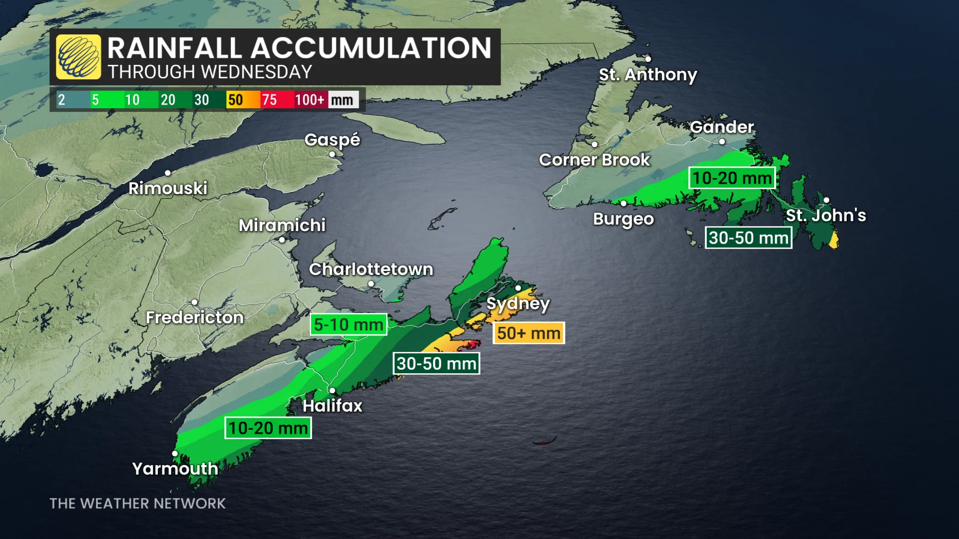 Atlantic Canada rainfall through Wednesday