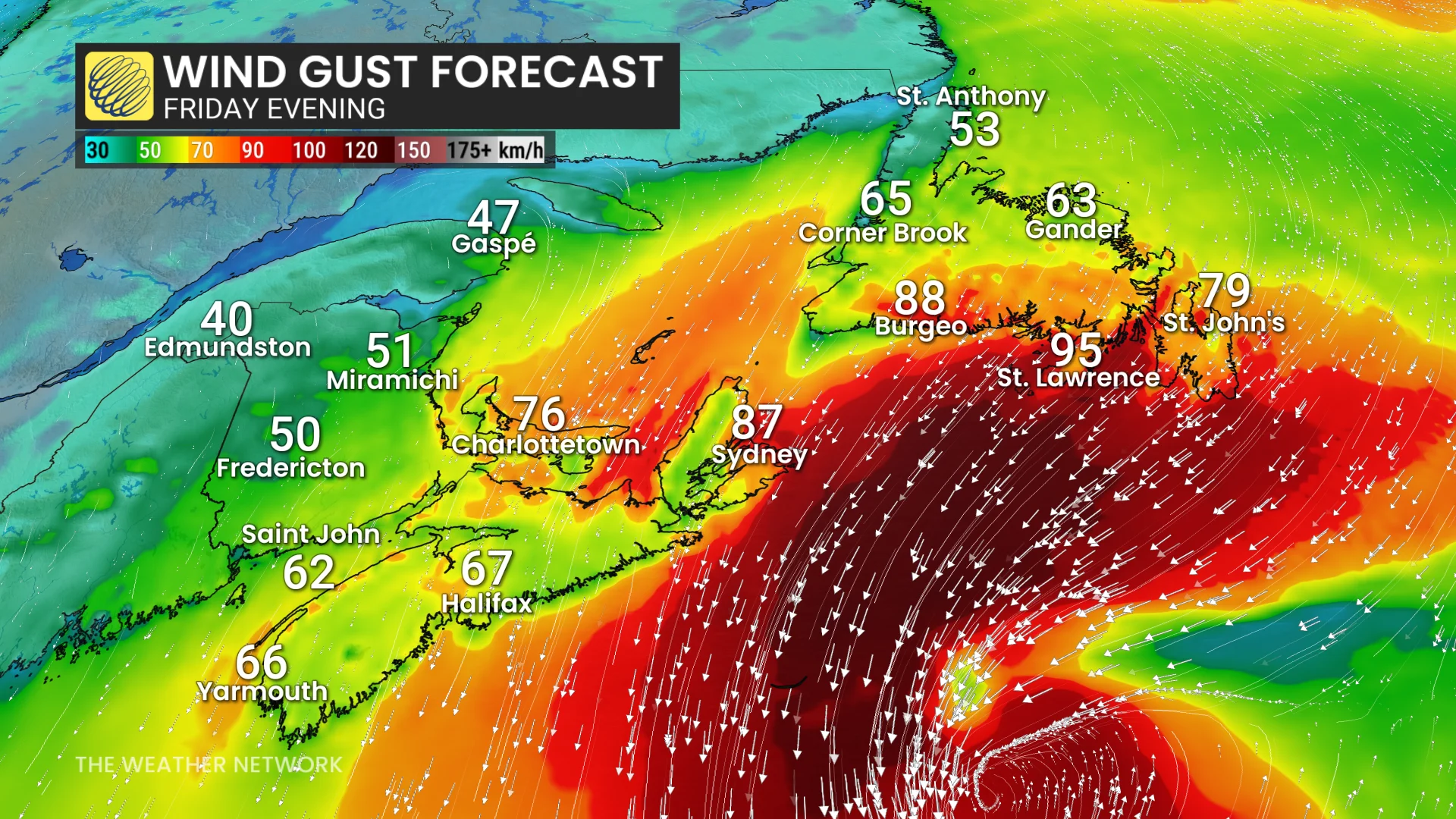 Atlantic Canada winds Friday evening