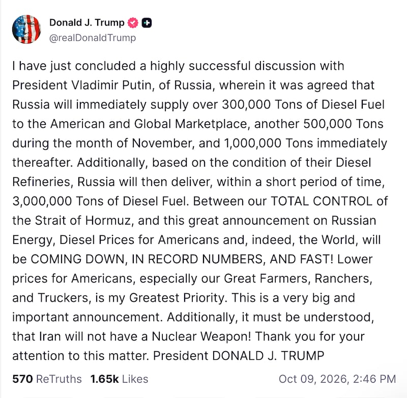 Trump boasts about a deal for the U.S. to get diesel from Russia as prices soar as his war in Iran drags on.