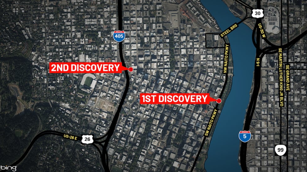 Map showing two locations where crews contracted to clear homeless encampments found human...