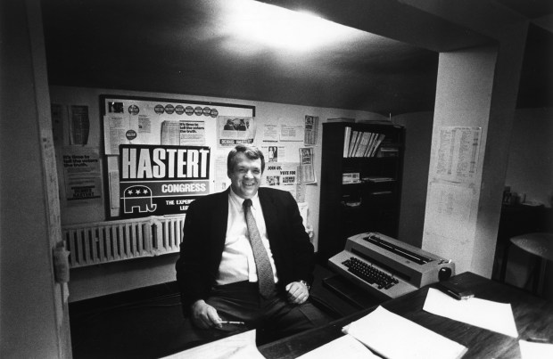 State Rep. Dennis Hastert savors his Congressional victory at his campaign office in the Baker Hotel in St. Charles on Nov. 5, 1986. (Don Casper/Chicago Tribune)