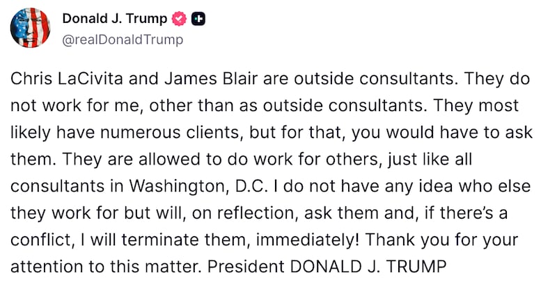 Screengrab of Trump's Truth Social.
