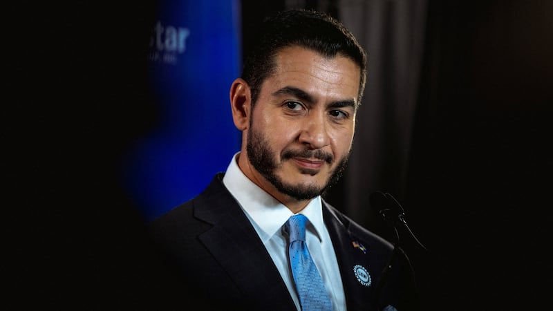 Democratic US Senate candidate Abdul El-Sayed looks on while speaking to the press in the spin room after taking part in a debate with Republican rival candidate Mike Rogers, in Grand Rapids, Michigan, US, October 8, 2026. REUTERS/Jim Vondruska