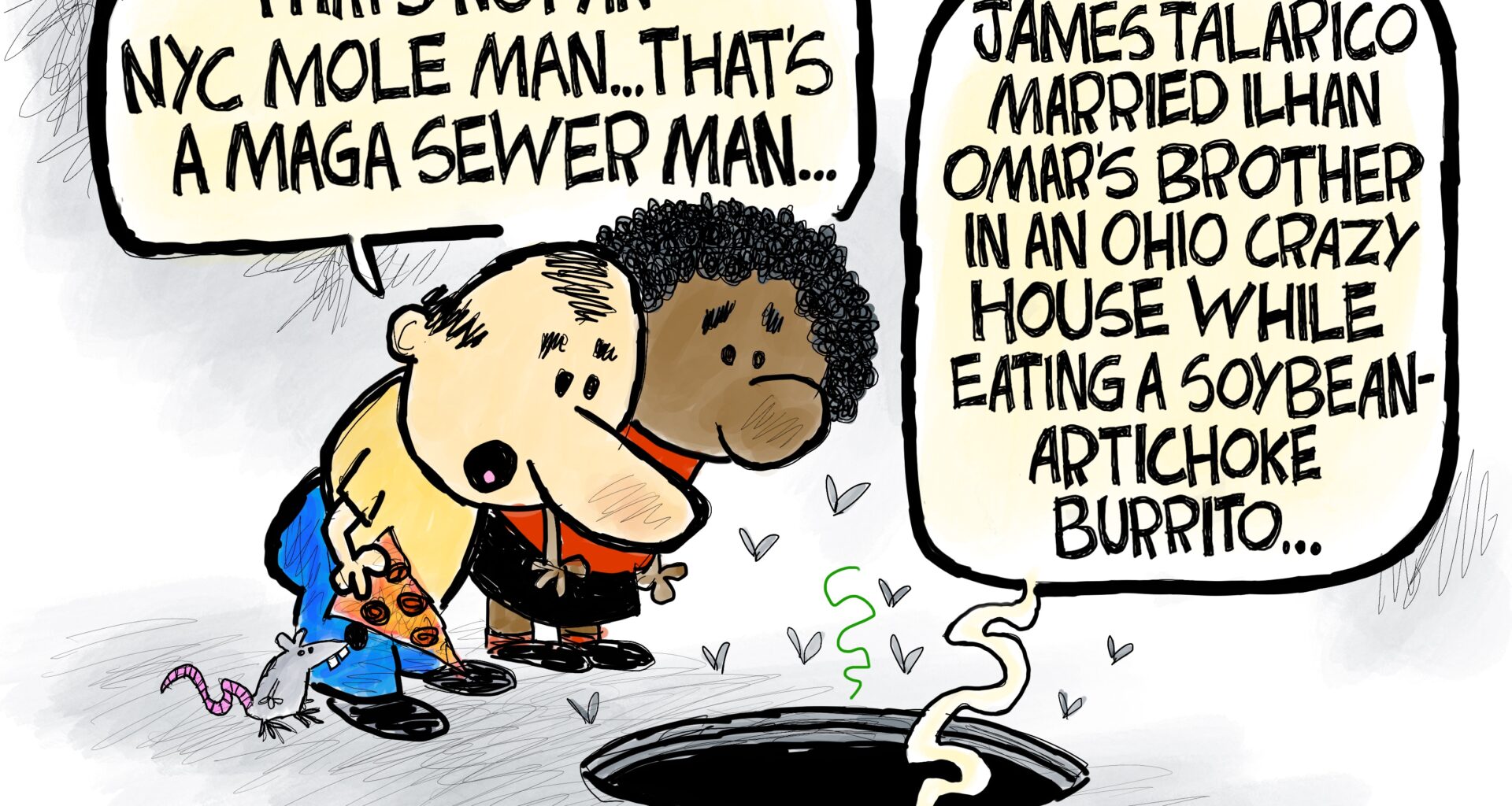 A cartoon by Clay Jones showing two people looking into a hole at a "MAGA sewer man."