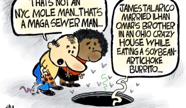A cartoon by Clay Jones showing two people looking into a hole at a "MAGA sewer man."