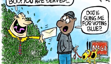 A cartoon by Clay Jones showing a man getting served for voting for Democrats.