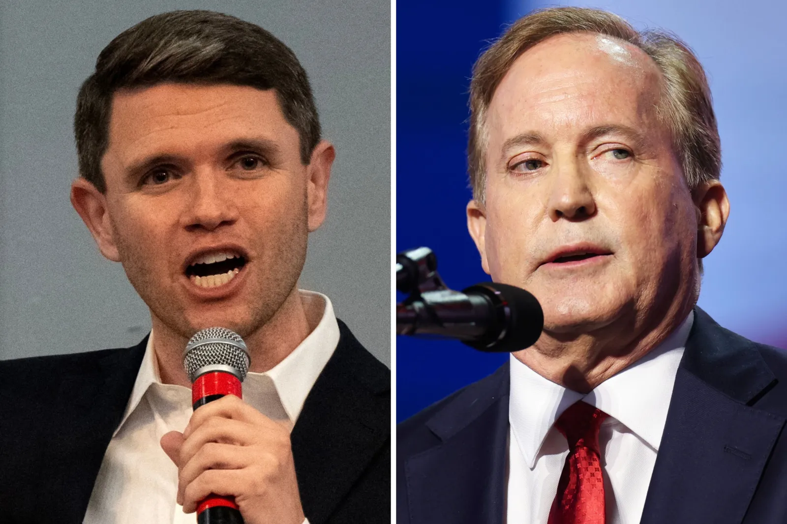 James Talarico, left, speaks during a rally in Houston, Texas, on September 13, while Ken Paxton, right, addresses the crowd at the 2026 Republican National Convention on September 9 in Dallas.