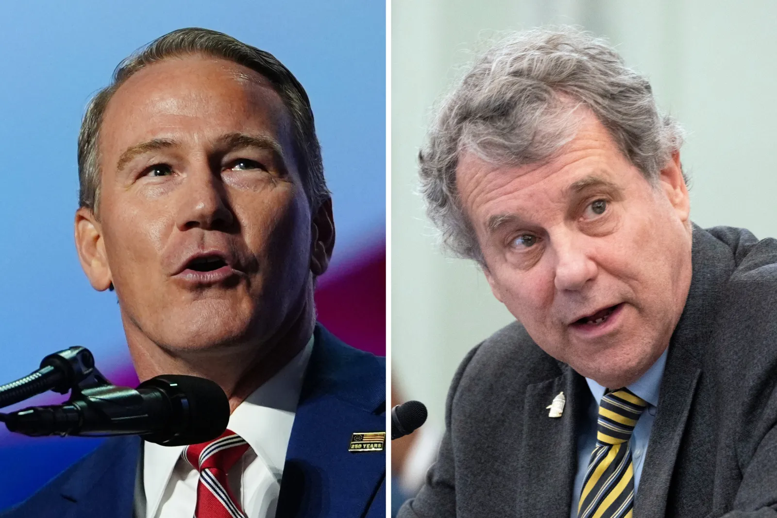 Jon Husted, left, speaks at the Republican convention on Wednesday, September 9, 2026, in Dallas. Sherrod Brown, right, on Capitol Hill in Washington, March 22, 2023.
