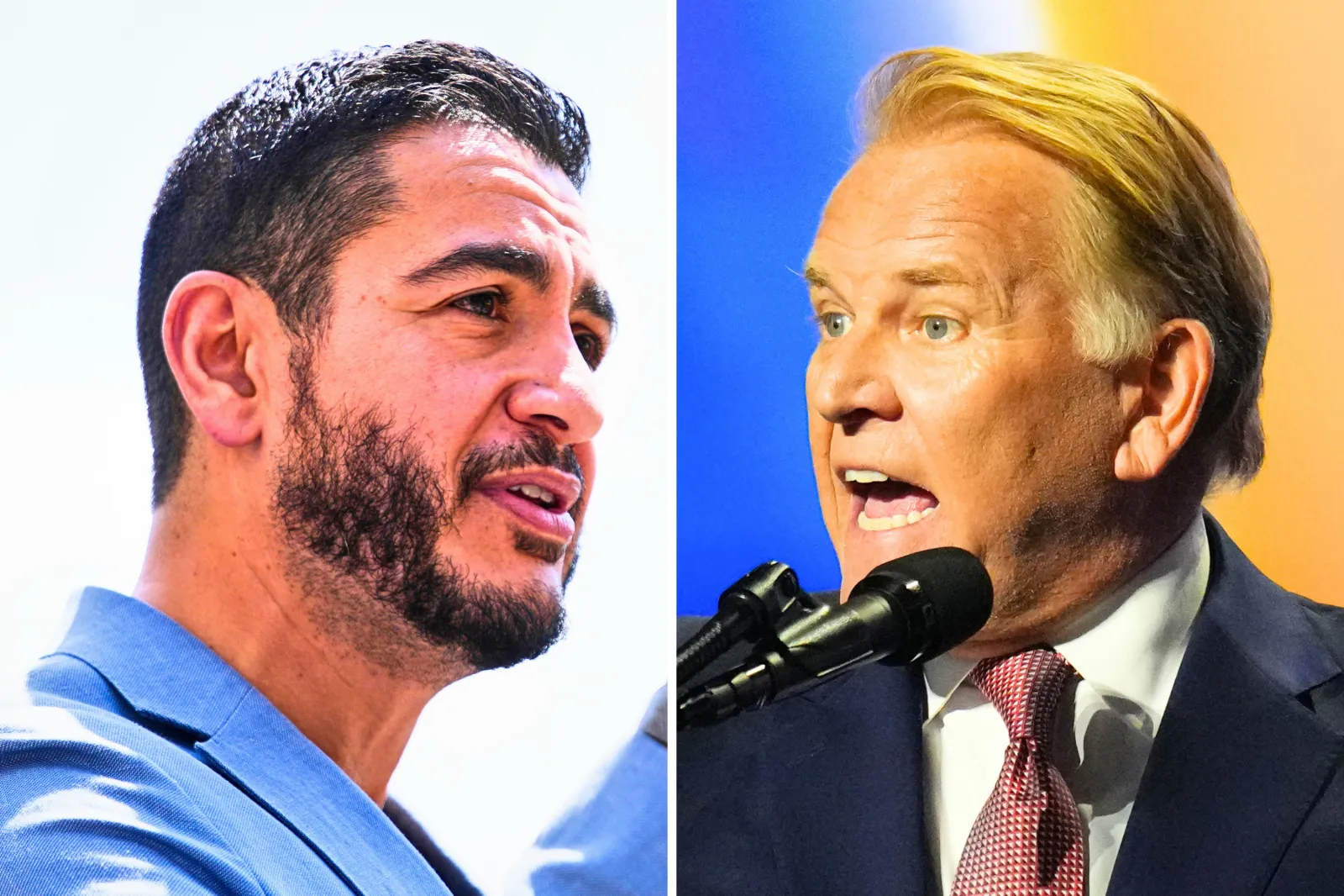 Left: Democratic nominee for U.S. Senate Abdul El-Sayed speaks at a news conference at the base of the Spirit of Detroit monument in Detroit, Wednesday, Aug. 19, 2026. Right: Republican Senate candidate Mike Rogers speaks at the Republican convention Thursday, Sept. 10, 2026, in Dallas.