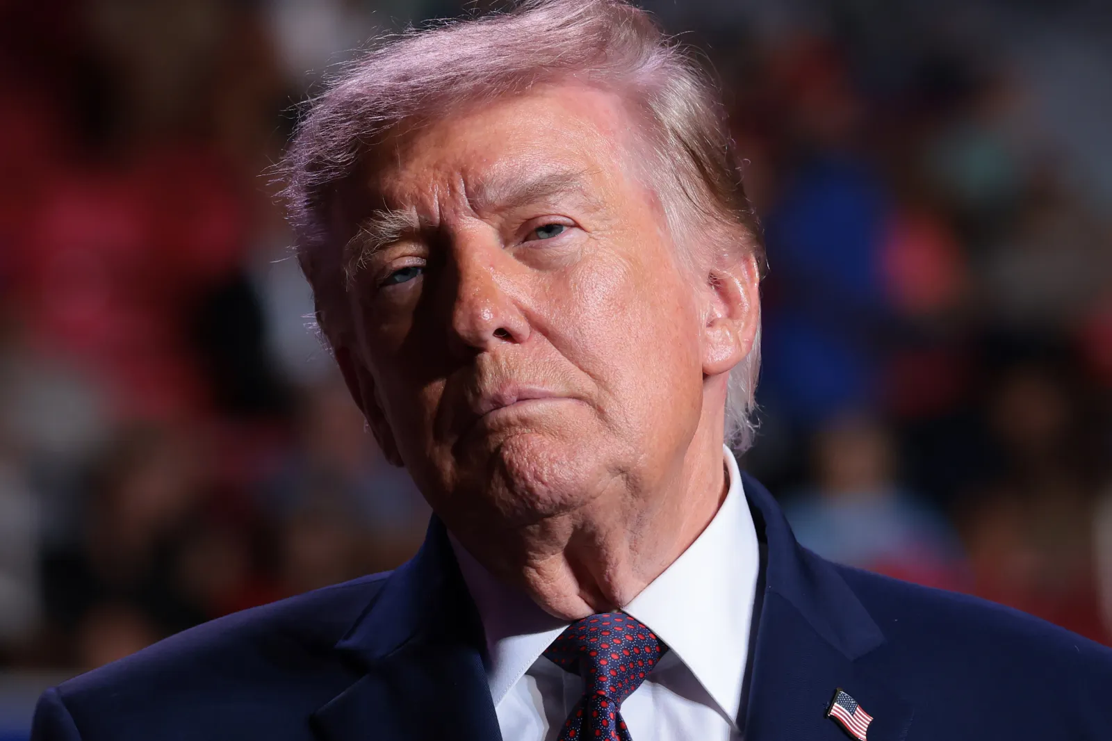 Donald Trump looks out into the crowd during a campaign rally in the Mitchell Center at the University of South Alabama on October 02, 2026 in Mobile, Alabama.
