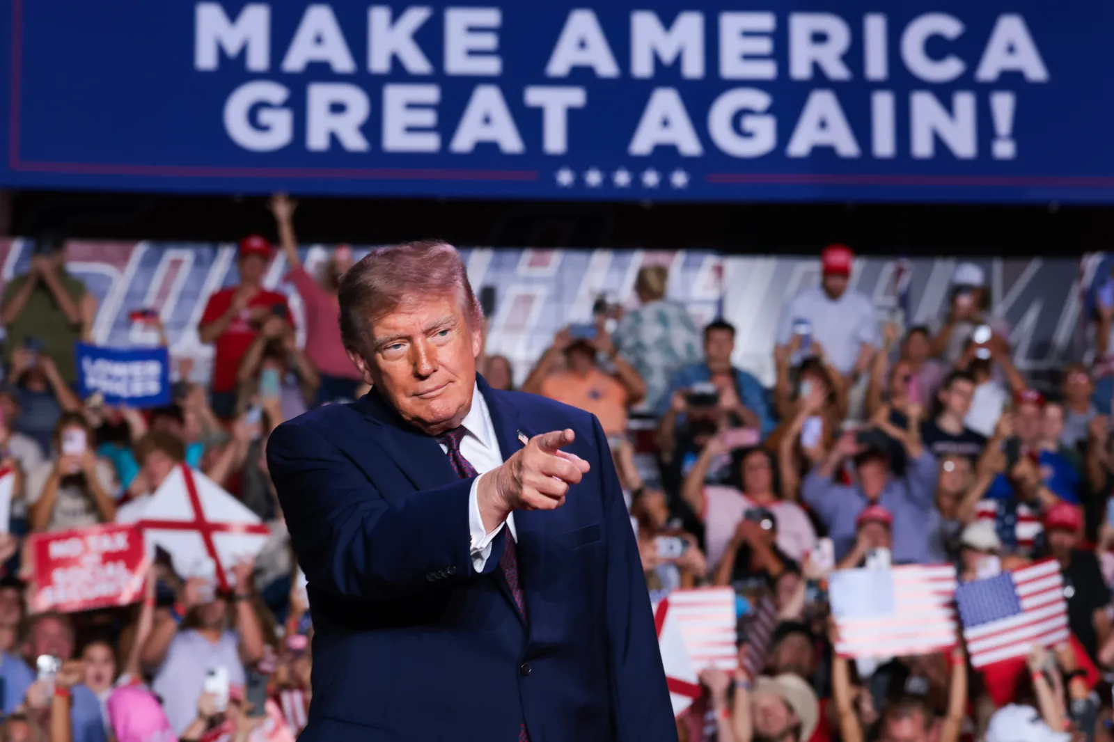 Donald Trump arrives onstage for a campaign rally in the Mitchell Center at the University of South Alabama on October 02, 2026 in Mobile, Alabama.