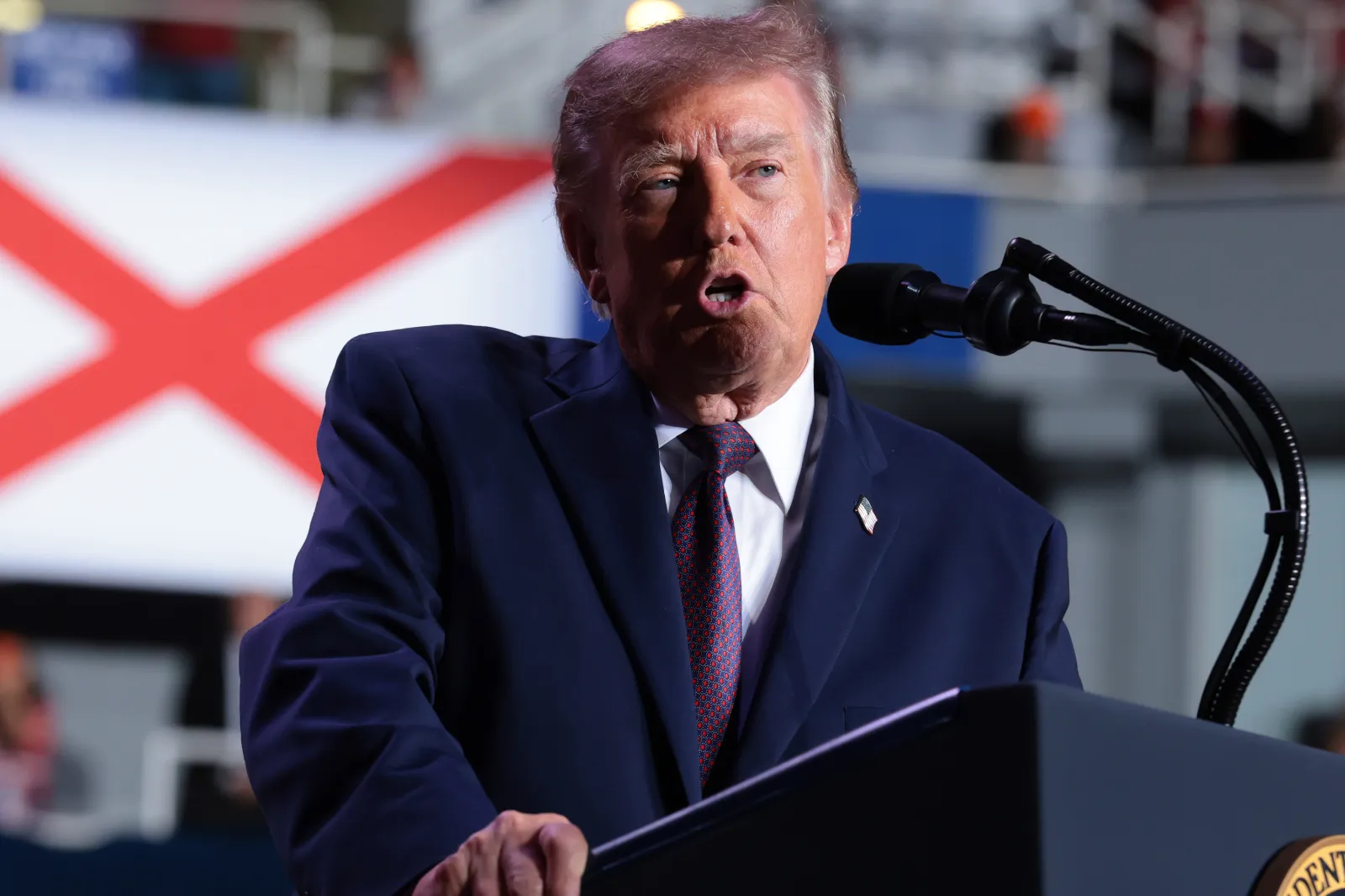 Donald Trump speaks at a campaign rally in the Mitchell Center at the University of South Alabama on October 02, 2026 in Mobile, Alabama.