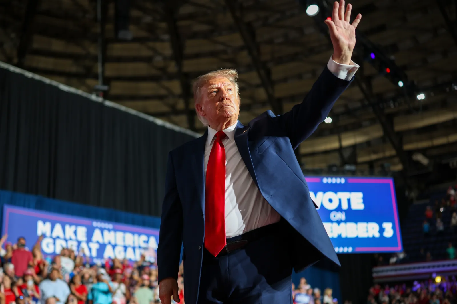 Donald Trump waves as he leaves the stage after speaking during a campaign rally at the Freeman Coliseum on October 07, 2026 in San Antonio, Texas.