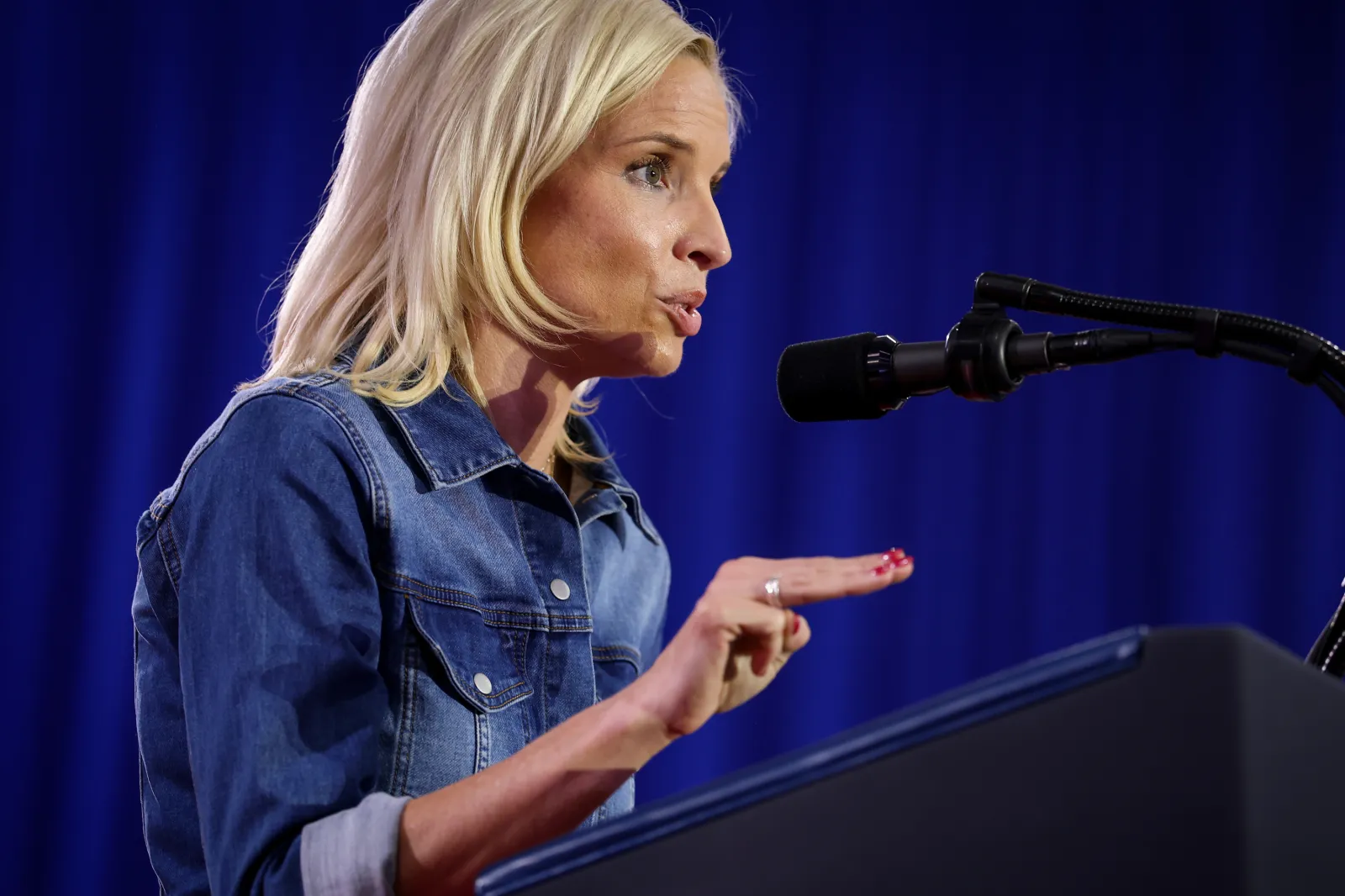 Iowa Republican Senate candidate, U.S. Rep. Ashley Hinson speaks after being called up on stage by U.S. President Donald Trump during a rally at Sioux Gateway Airport on October 22, 2026 in Sioux City, Iowa.