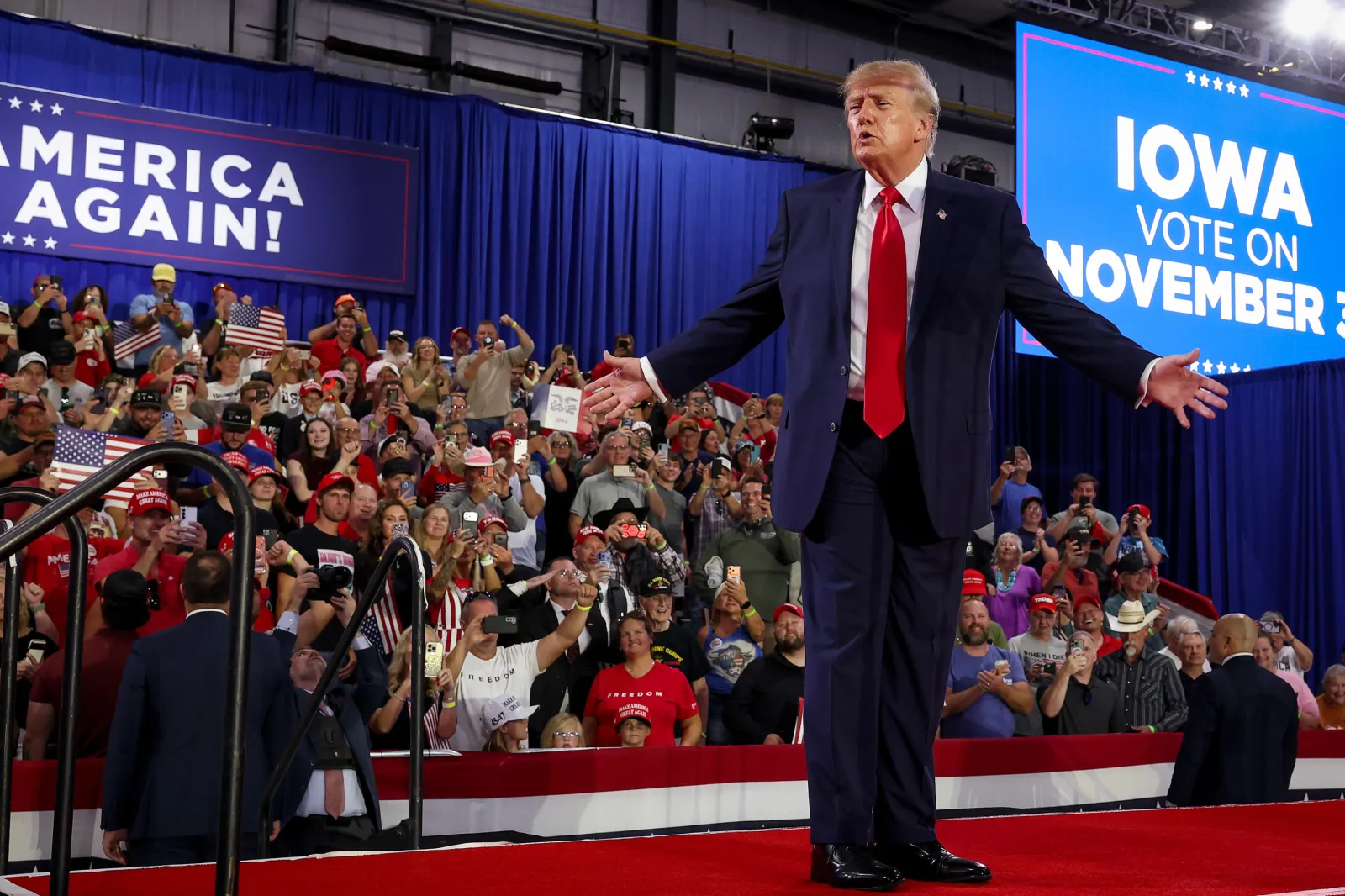 President Donald Trump departs after speaking at a rally at Sioux Gateway Airport on October 22, 2026, in Sioux City, Iowa.