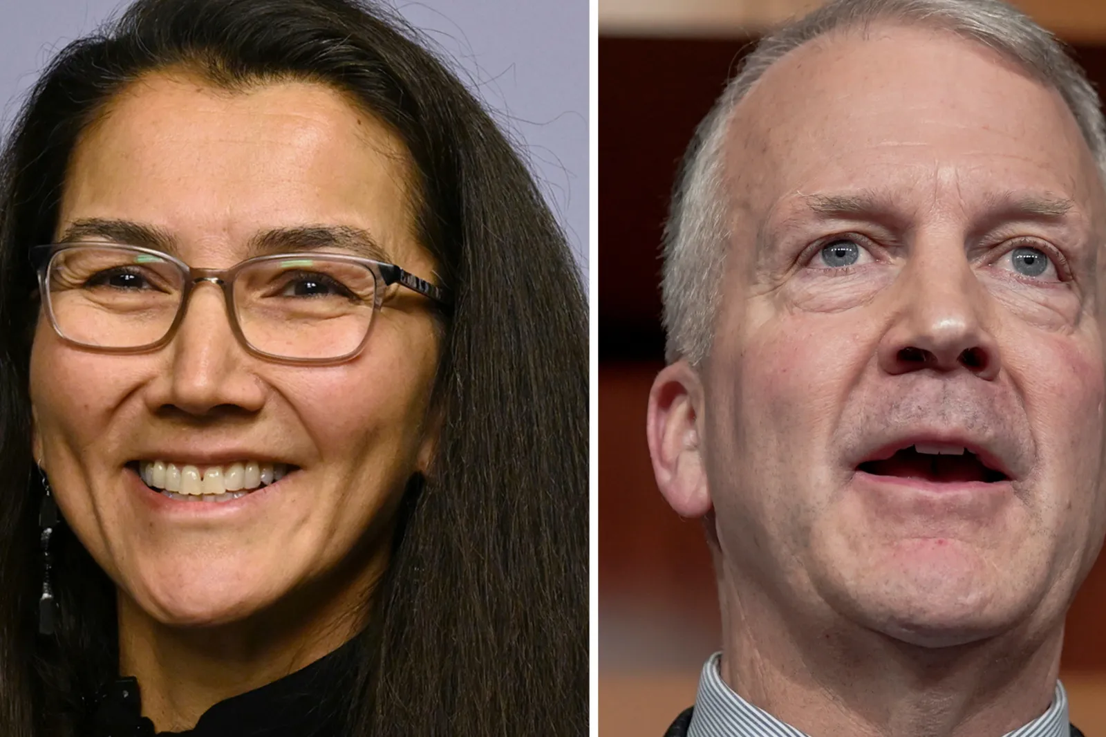 Mary Peltola, Oct. 10, 2024, in Anchorage, Alaska, and Dan Sullivan, Feb. 8, 2024, on Capitol Hill in Washington.
