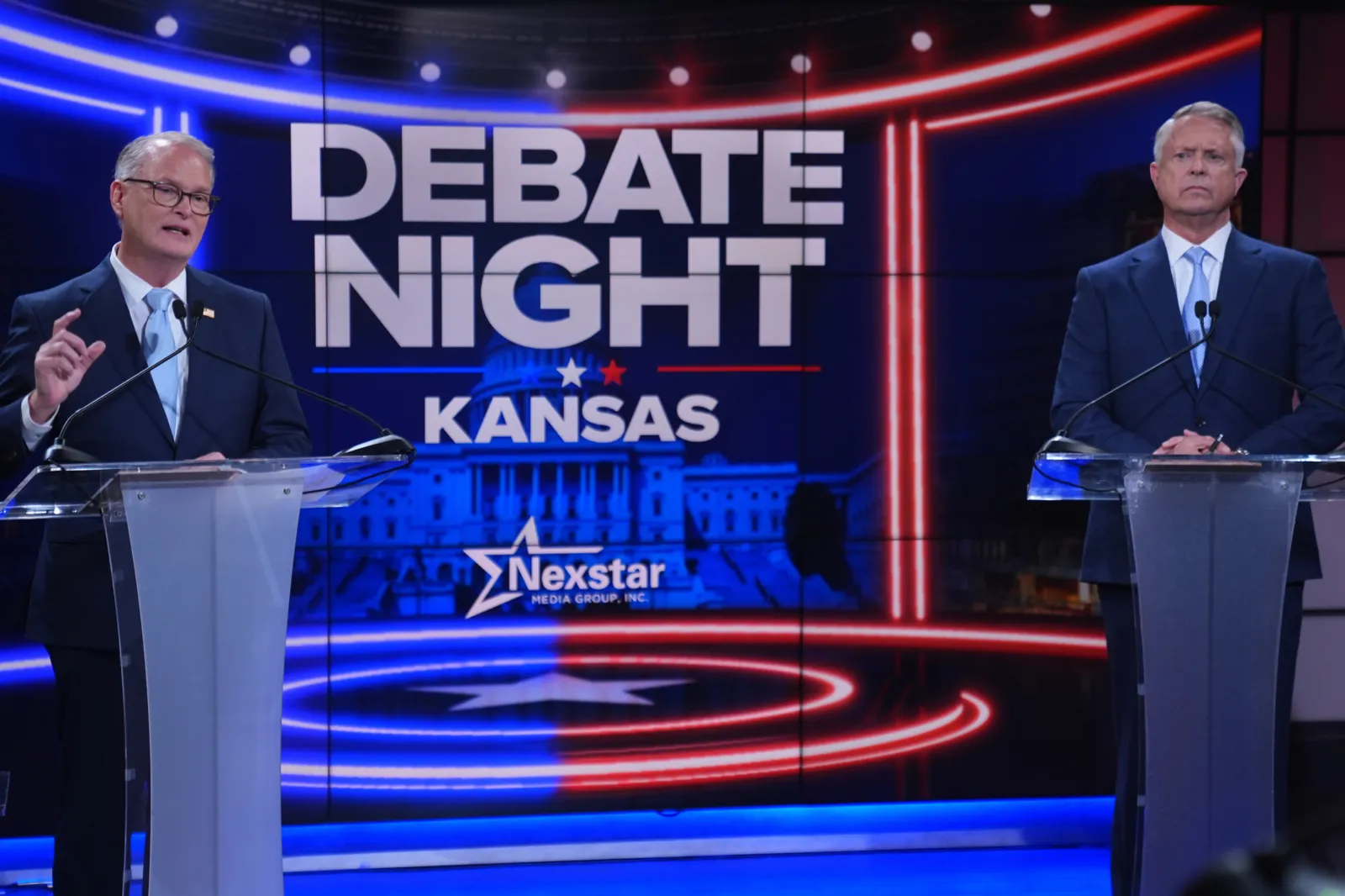 Republican Sen. Roger Marshall, right, and Democratic nominee for U.S. Senate Adam Hamilton participate in a debate at WDAF TV in Kansas City, Mo., Wednesday, Oct. 21, 2026.
