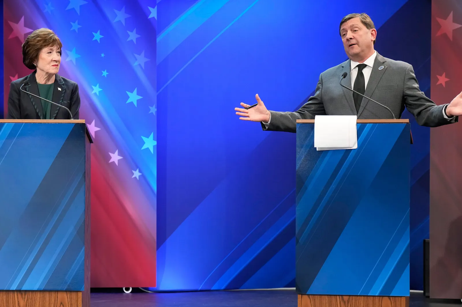 Sen. Susan Collins (R) looks to Troy Jackson (D) as he answers a question during the final Maine U.S. Senate debate in Bangor, Maine, Thursday, Oct. 15, 2026.