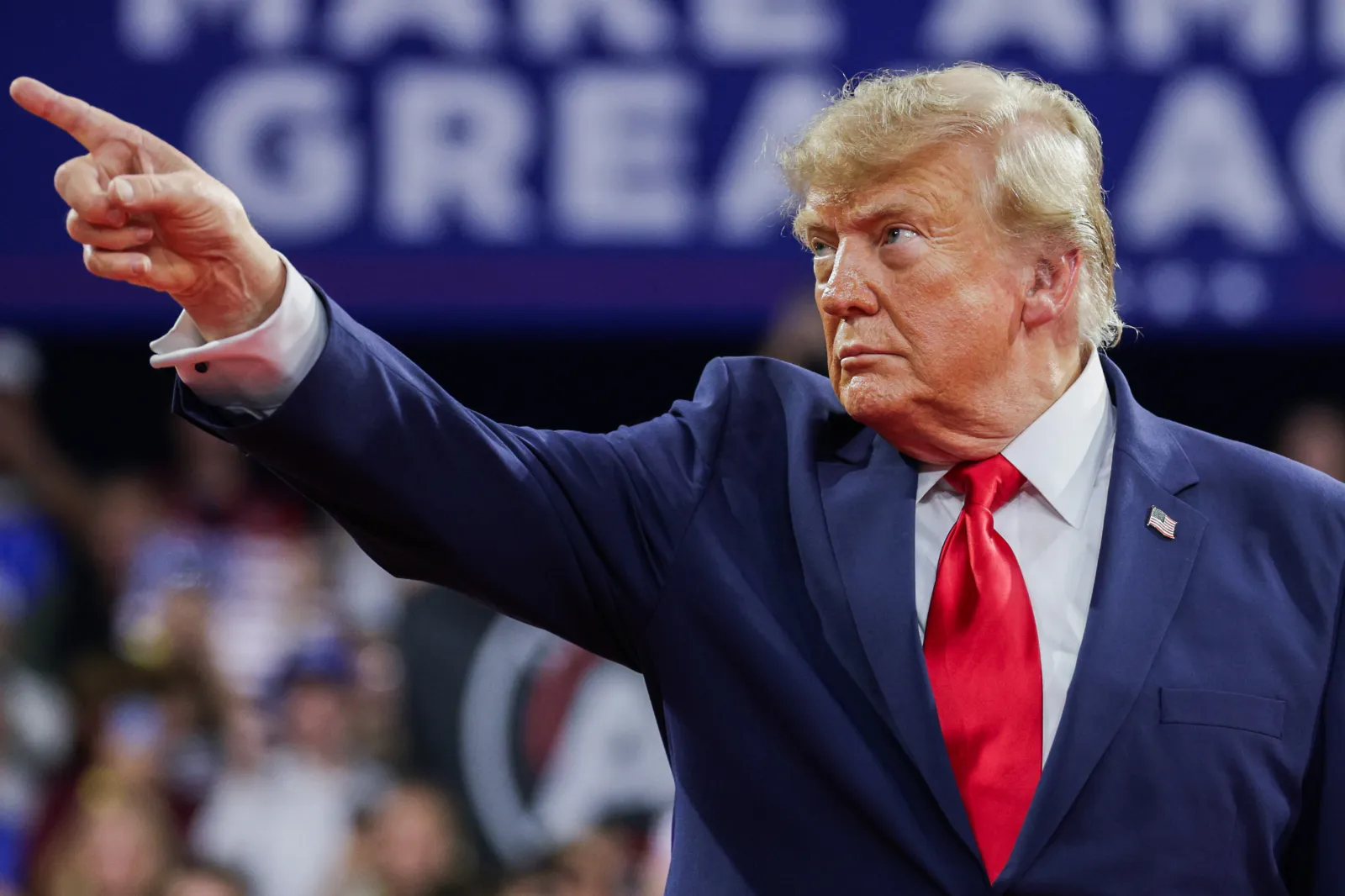 President Donald Trump gestures to the crowd as he arrives to an election rally at Alico Arena on the Florida Gulf Coast University campus on October 23, 2026 in Fort Myers, Florida.