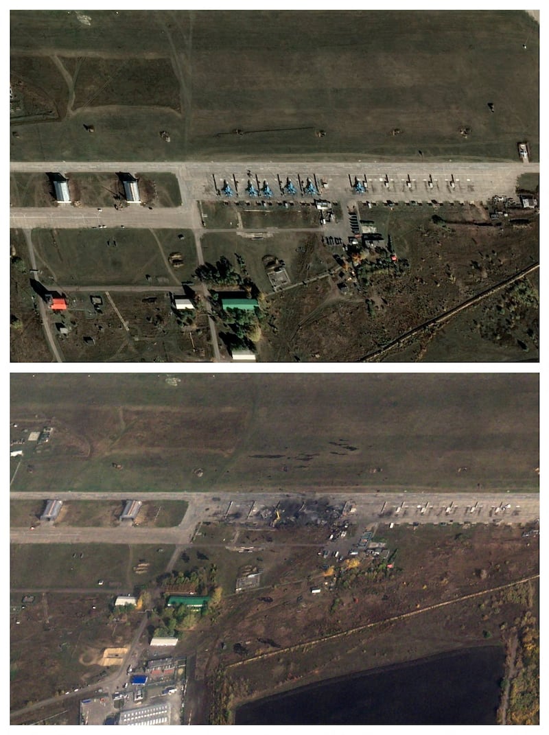 A combination image shows a satellite view of aircraft parked at an airfield in Borisoglebsk, Voronezh Region, Russia, October 11, 2026 (top) and destruction at the airfield, where Ukraine's navy said it had destroyed six Russian Su-34M military aircraft in an overnight strike in Borisoglebsk, Voronezh Region, Russia, October 15, 2026 (bottom). Pleiades Neo © Airbus DS 2026/Pleiades © CNES 2026, Distribution Airbus DS/Handout via REUTERS    THIS IMAGE HAS BEEN SUPPLIED BY A THIRD PARTY. NO RESALES. NO ARCHIVES. MANDATORY CREDIT.