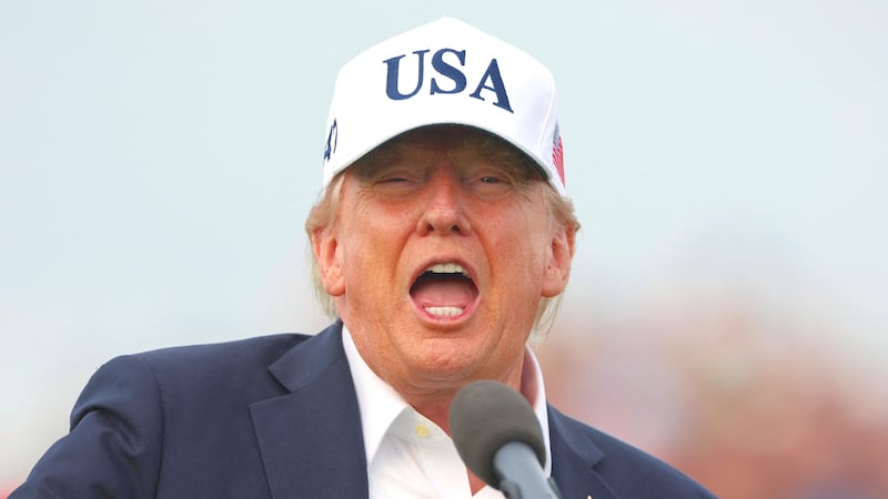 U.S. President Donald Trump speaks at the Amgen Irish Open 2026, at Trump International Golf Links in Doonbeg, County Clare, Ireland, September 13, 2026.