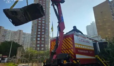 The remains of a Russian missile are removed after an attack on Kyiv.