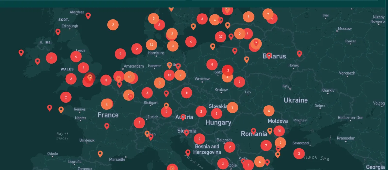 This map from the Sahaidachnyi Security Center shows military provocations, sabotage acts and cyberattacks in Europe linked to Russia since the start of the full-scale invasion of Ukraine.