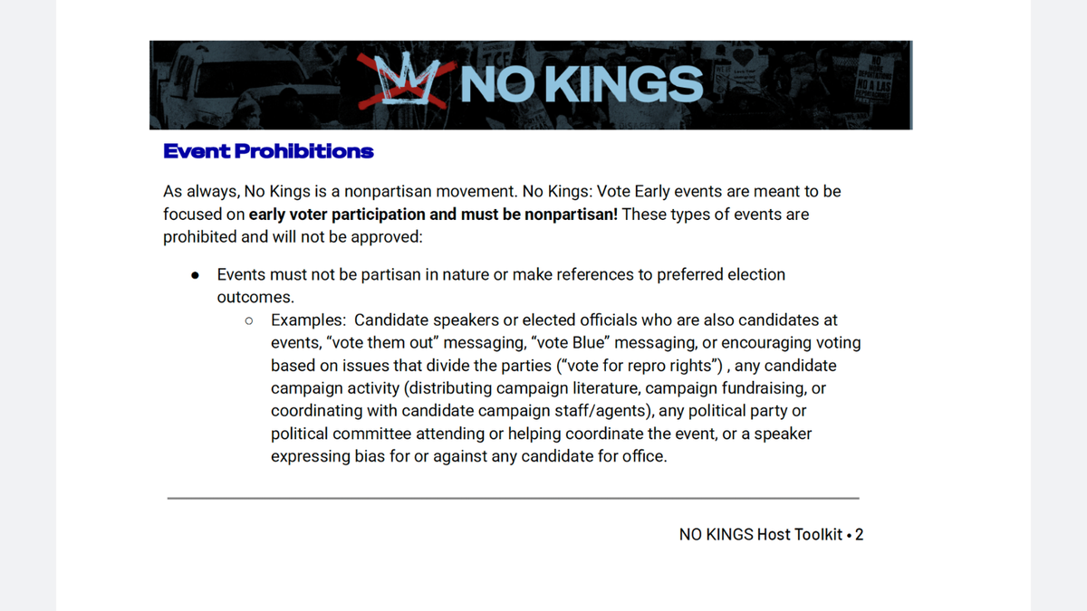 "No Kings" organizers provide a list of "Event Prohibitions" for their Oct. 17, 2025, voter event.
