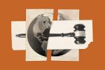 An abstract artistic collage with a grainy texture, set against a solid orange background. The central image features a monochrome depiction of a globe showing North and South America, which is torn vertically down the middle into two separate paper pieces. Layered horizontally across the center of the globe are two overlapping, white rectangular paper cutouts. A black legal gavel rests horizontally on top of these white strips, with its handle extending to the left and its head positioned on the right.