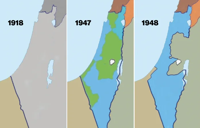 Left to right, 1918: After World War I, the British Mandate (in light gray) followed 400 years of Ottoman rule; Egypt is at lower left; 1947: The United Nations partition plan, with a Jewish state represented in blue, Palestine in bright green, Jordan at right in olive green, Lebanon at top in maroon, and Syria in orange. The plan was accepted by Jews but rejected by Palestinians; 1948: The armistice agreement at the end of Israel’s War for Independence allowed for Egyptian rule over Gaza and Jordanian rule over most areas around Jerusalem.