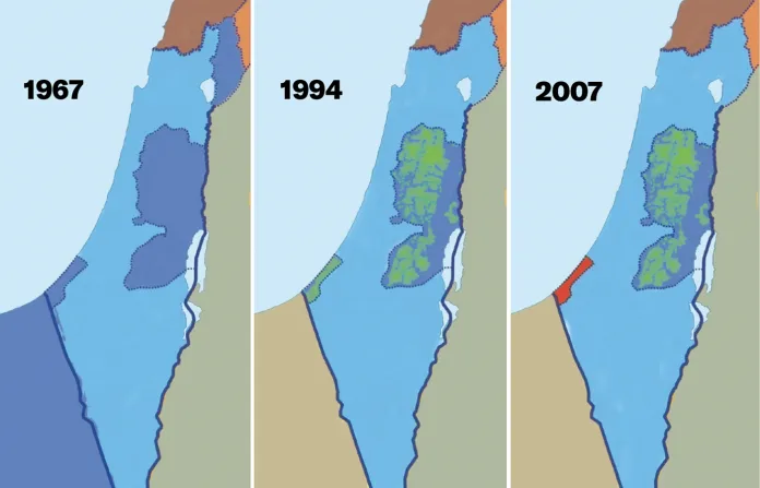Left to right, 1967: After it was attacked in the Six-Day War, Israel occupied Egyptian territory at lower left, Jordan’s earlier territory west of the Jordan River, center, and the Golan Heights at top (all in dark blue); 1994: The Oslo Accords recognized the Palestinian Authority (shown in bright green), though Israel maintained control of some parts of the so-called West Bank and the Golan Heights; 2007: Following an election in Gaza (in red), Hamas took control of the coastal strip.