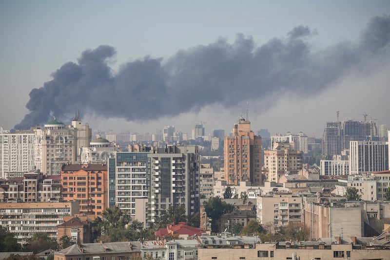 Smoke rises over the city during a Russian jet-powered drone strike, amid Russia's attack on Ukraine, in Kyiv, Ukraine, October 8, 2026.