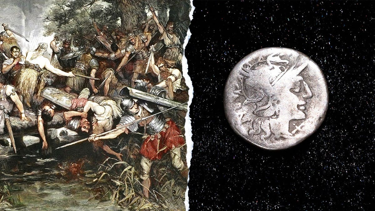 Split image of Romans in battle, view of single coin