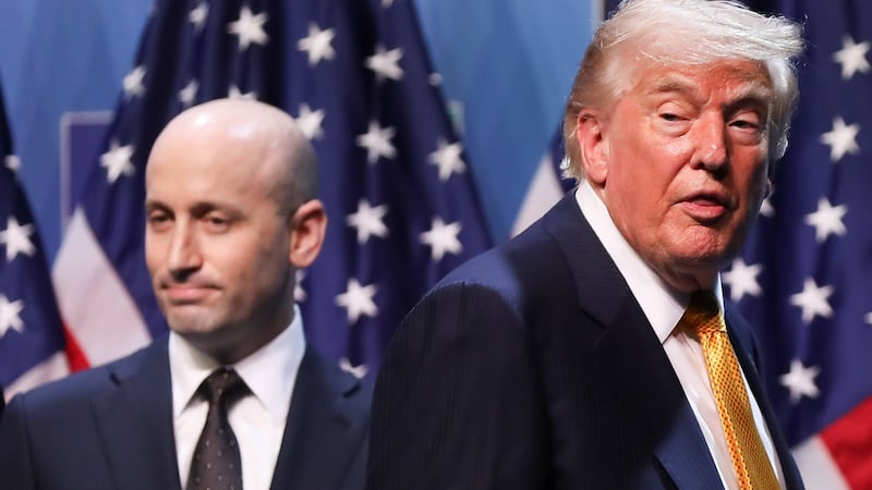 Donald Trump, President of the United States, and Stephen Miller, White House Deputy Chief of Staff, attend a press conference at the NATO Summit at the Presidential Complex in Ankara, Turkiye, on July 8, 2026. The North Atlantic Treaty Organization (NATO) is an international political and military organization established by the North Atlantic Treaty. Its members commit to protecting each other from any threat. The NATO Summit takes place this year in Ankara, where the NATO Public Forum and the NATO Summit Defense Industry Forum are held. (Photo by Klaudia Radecka/NurPhoto via Getty Images)