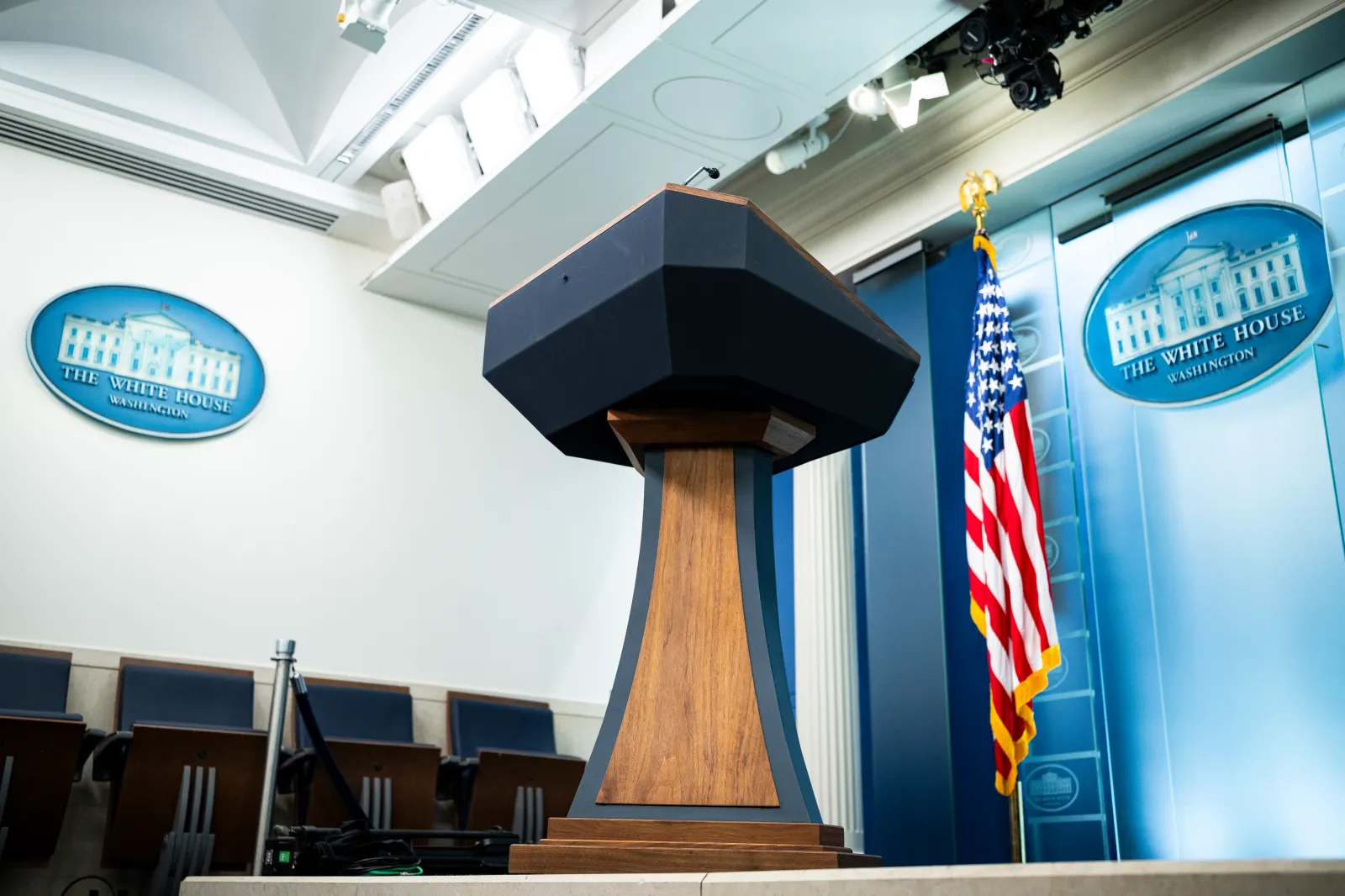 The White House Briefing room podium, on September 19, 2026, in Washington, DC.