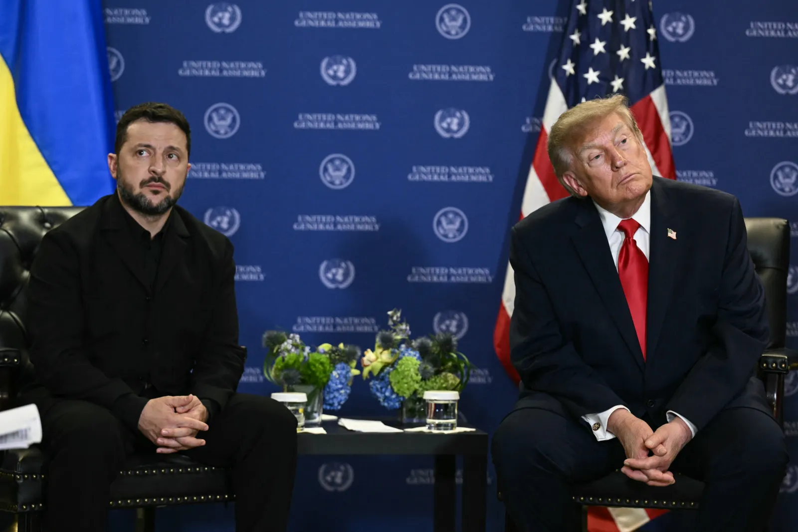 Ukrainian President Volodymyr Zelensky (L) looks on during a bilateral meeting with President Donald Trump on the sidelines of the 81st United Nations General Assembly in New York, on September 22, 2026. (Photo by Brendan SMIALOWSKI / AFP via Getty Images)