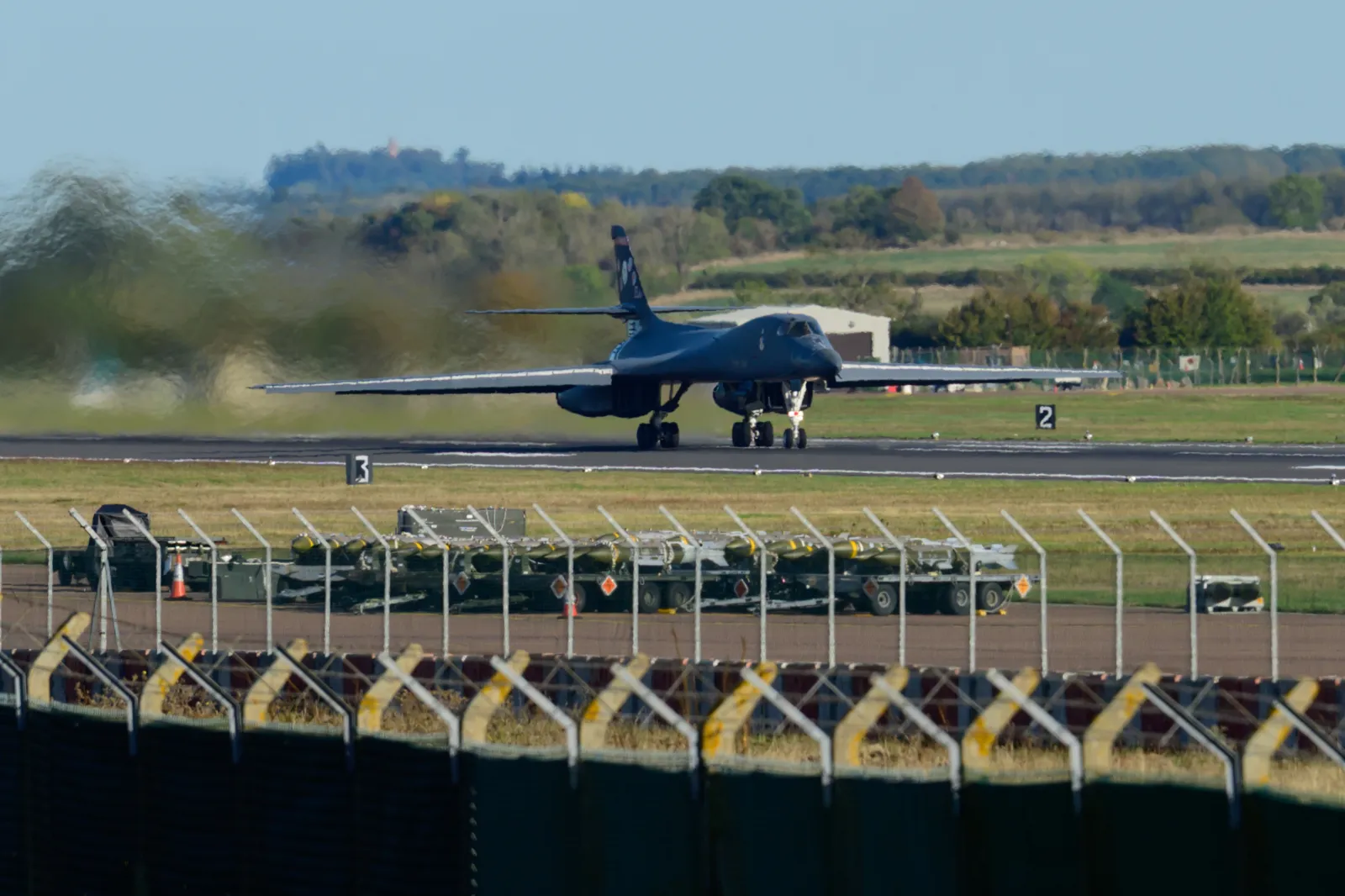 A B1 Lancer heavy bomber departs RAF Fairford in England on Sunday, October 4, 2026.