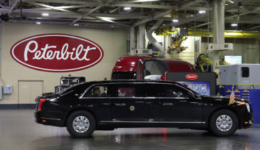 The presidential limo known as "The Beast" rolls into the factory floor as President Donald Trump visits the Peterbilt Motors truck plant in Denton, Texas, on Thursday.