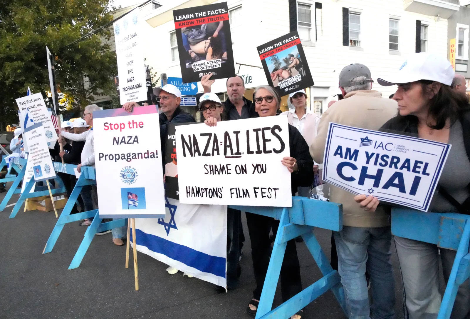 A view of protestors during the "NAZA" screening at the Sag Harbor Cinema during the 2026 Hamptons International Film Festival on October 3, 2026, in Sag Harbor, New York.