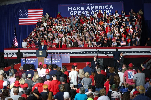 President Donald Trump speaks during a campaign rally for incumbent Sen. Pete Ricketts and Gov. Jim Pillen in Nebraska on Monday.