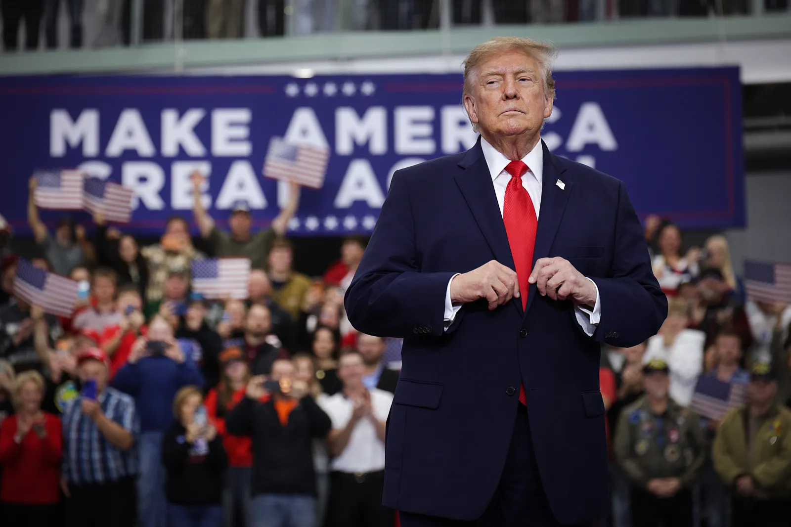 President Donald Trump arrives for a campaign rally in Wasilla, Alaska, on October 13, 2026.