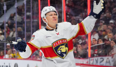 CALGARY, AB - OCTOBER 18: Devin Cooley #1 of the Calgary Flames warms up prior to the game against the Carolina Hurricanes at Scotiabank Saddledome on October 18, 2026 in Calgary, Alberta, Canada. (Photo by Terence Leung/NHLI via Getty Images)