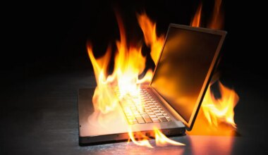Laptop computer engulfed in flames