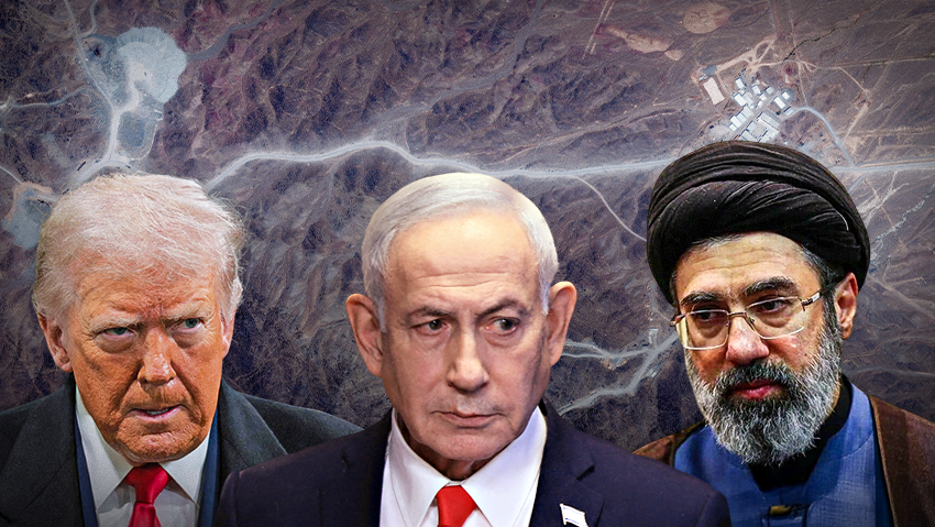 US President Donald Trump, Prime Minister Benjamin Netanyahu, Iranian Supreme Leader Mojtaba Khamenei (Photo: Anna Moneymaker / AFP, CENTCOM, Vantor/Handout via REUTERS, REUTERS/Ronen Zvulun) טראמפ, מוג'תבא, נתניהו והר המכוש פיקאקס איראן ליד נתנז